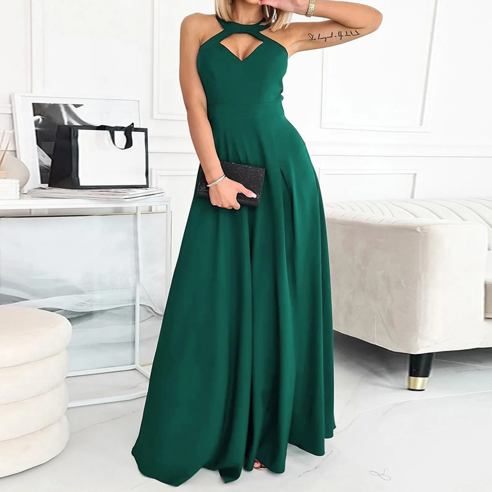 Abiti da Cocktail per le donne 2024 elegante elegante elegante tinta unita con scollo all'americana senza maniche con spacco laterale abito rosso Vintage a-line Party Dress