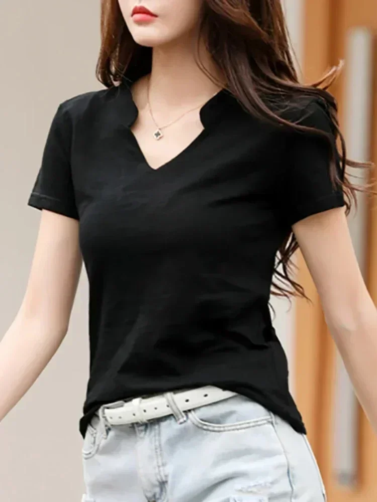 2026 Summer Bamboo Cotton T-Shirt Cotton Women V-Neck Soft Tshirts Female Basic Fashion Classic S-3XL Ladies Tops