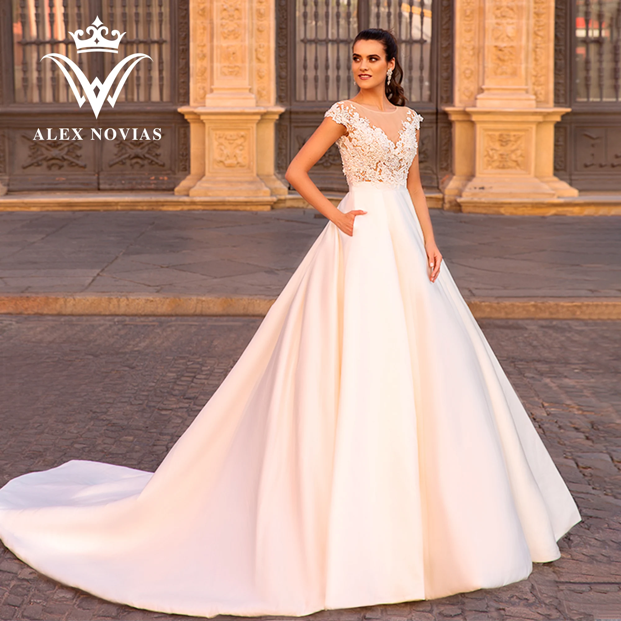 

ALEX NOVIAS A-Line Satin Wedding Dresses For Women 2023 Chic Invisible Neckline Appliques Backless Wedding Gown Vestido De Novia