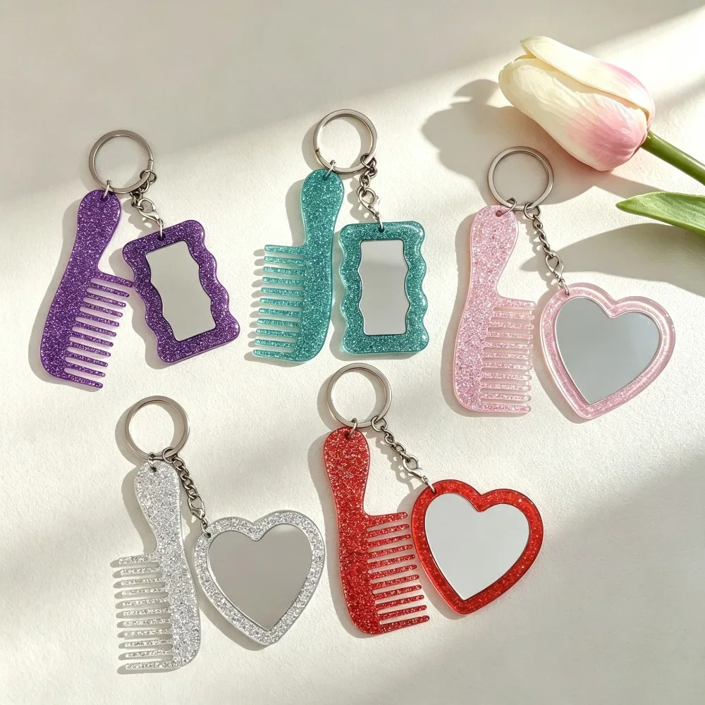 Creative Keychain Sparkling Powder Love Makeup Mirror Comb Detachable Bag Hanging Jewelry Car Keyring Accessory Gift Ornament