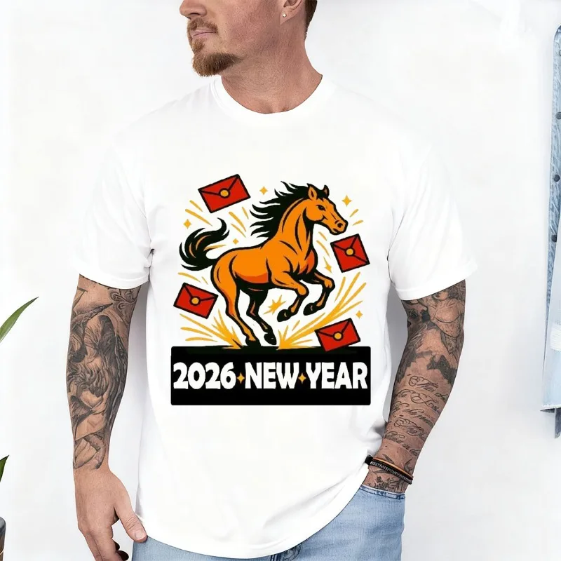 2026 New Year Horse Youth T-Shirt Crew Neck Short Sleeve Cotton Top All Seasons Casual Funny Outdoors Fashion Comfortable Tees