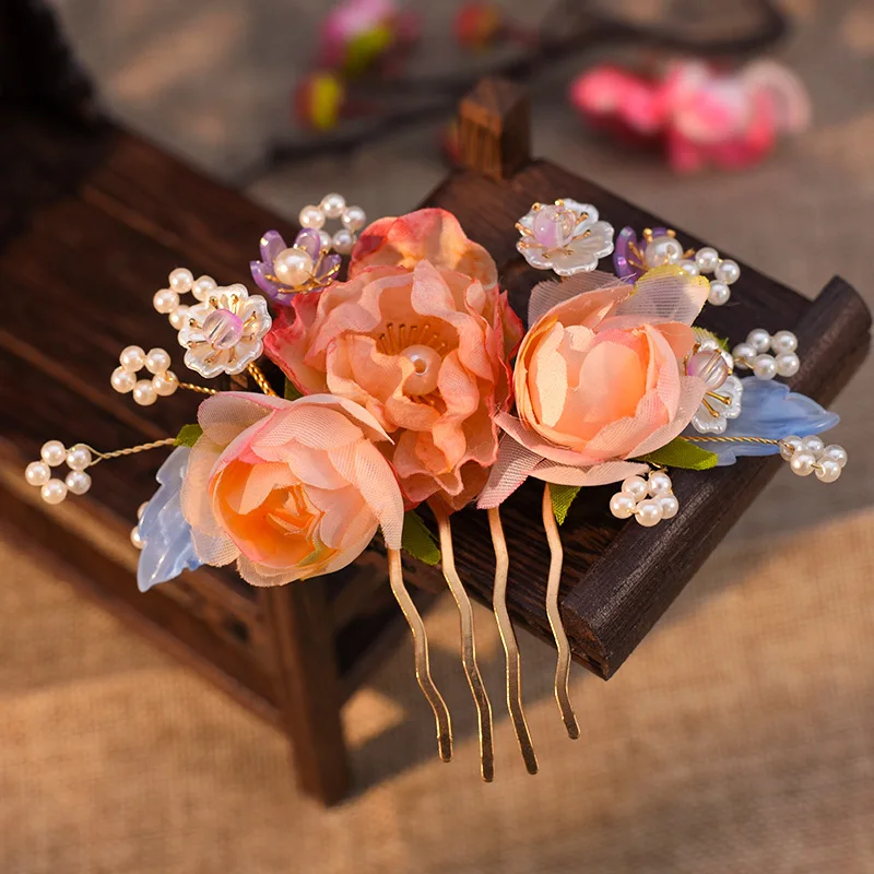 Fairy Hair Comb Chinese Style Flower Hairpin Forks For Women Hanfu Party Decor Beads Vintage Hair Jewelry Photograph Headpiece