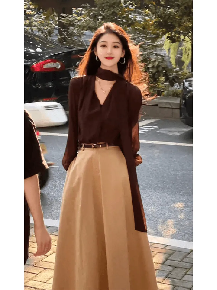 

Romantic Style Women's Long Sleeve Shirt Skirt Set High Waist Sash Spring New Arrival Fashionable Casual Wear Comfortable