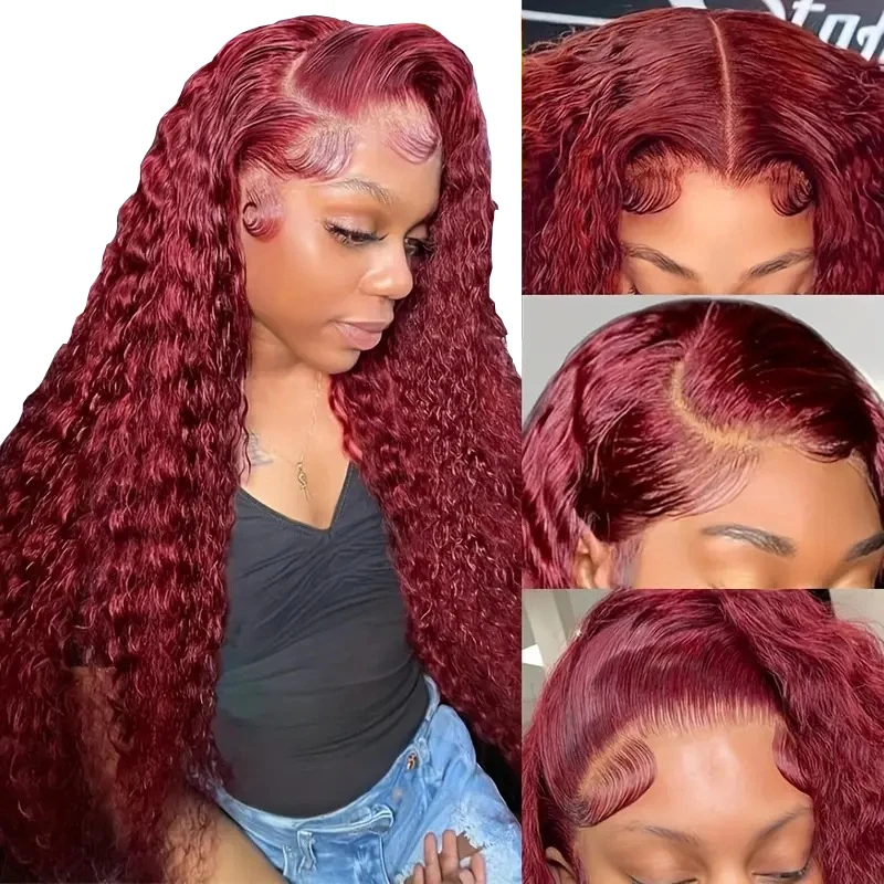 Venta de liquidación: pelo rizado pequeño rojo vino de 18-26 pulgadas, pelo sintético de encaje frontal 13x4, adecuado para pelucas tejidas a mano para mujeres