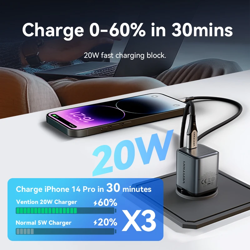 شاحن Vention GaN PD20w السريع مع كابل USB C إلى Lightning 480Mbps 3A Max MFi المعتمد لهاتف iPhone IPad iPod