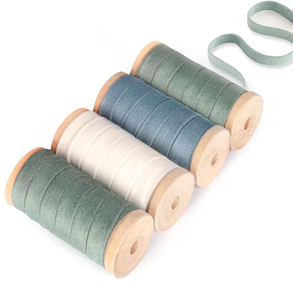 

Velvet Ribbon 3/8\ x 20Yd Fabric Ribbon 4 Rolls Christmas Vintage Wooden Spool Ribbons for Christmas Tree Wreath Decoration H