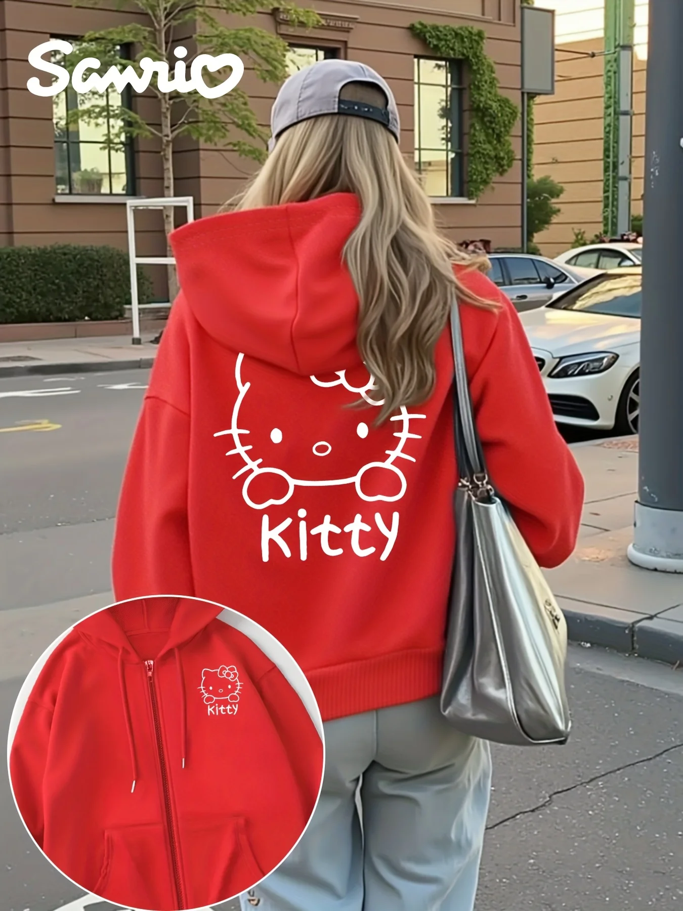 Sanrio Hello Kitty Kuromi related Musterdruck weicher Reißverschluss mit Kapuze lässiges lockeres Sweatshirt Goth Streetwear Damen Hoodies