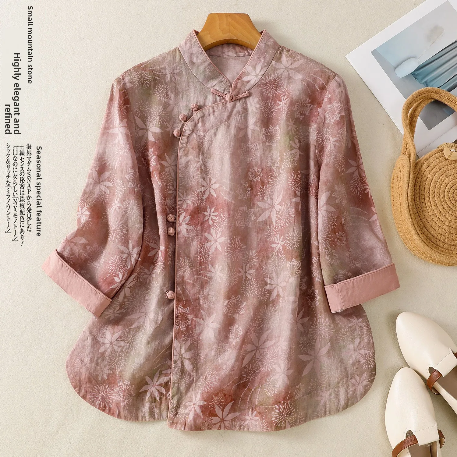 

plus Size Women's Shirt Spring Summer New Vintage High Cotton Linen Button up Coat Jacket Floral Print Seven Sleeve Length