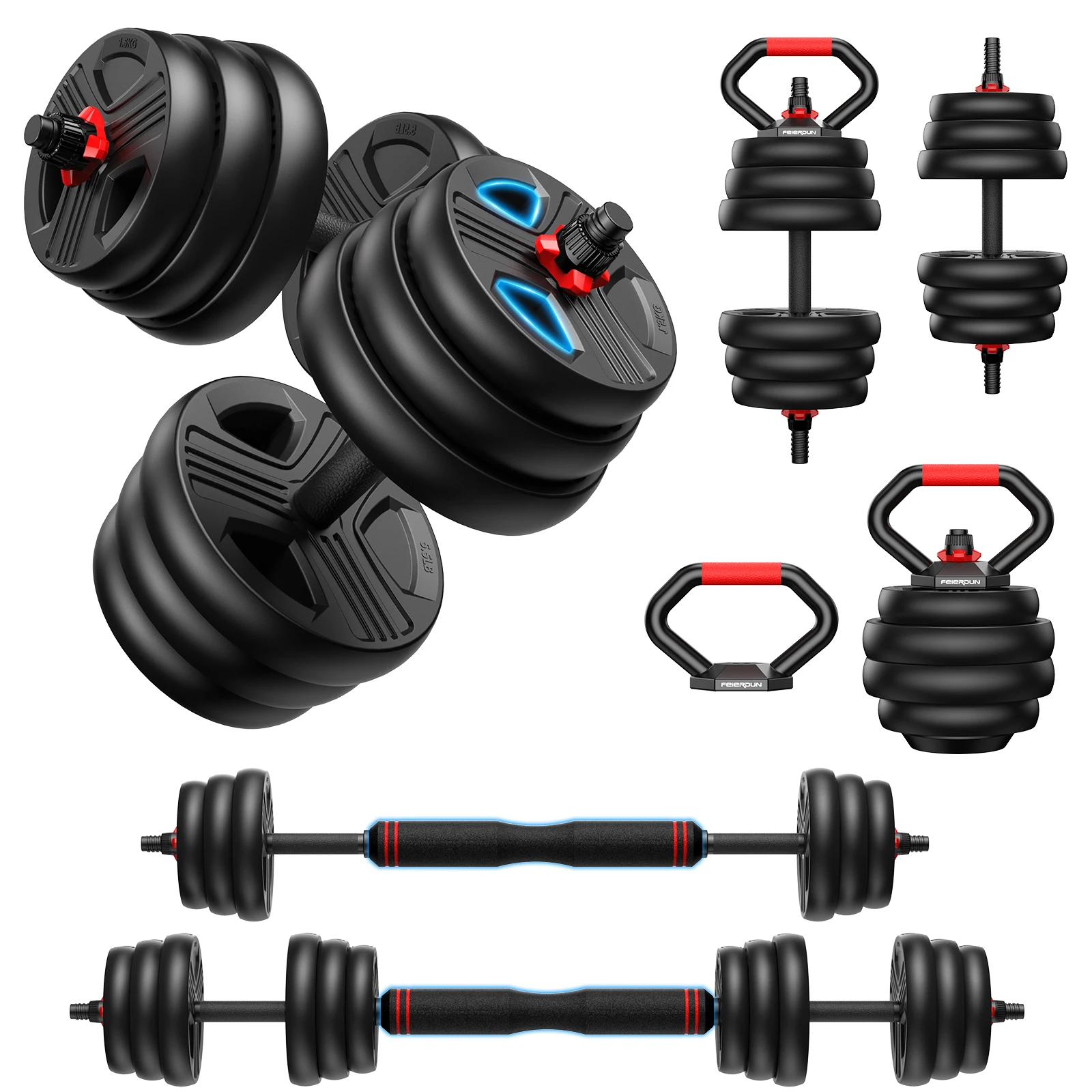 FED Fitness Feierdun Serie DS4 Hantelset 9-20kg Verstellbare Hanteln 2er-Set, 5-in-1 Langhantel, Kettlebell, Liegestützgriffe, Ganzkörper-Krafttraining