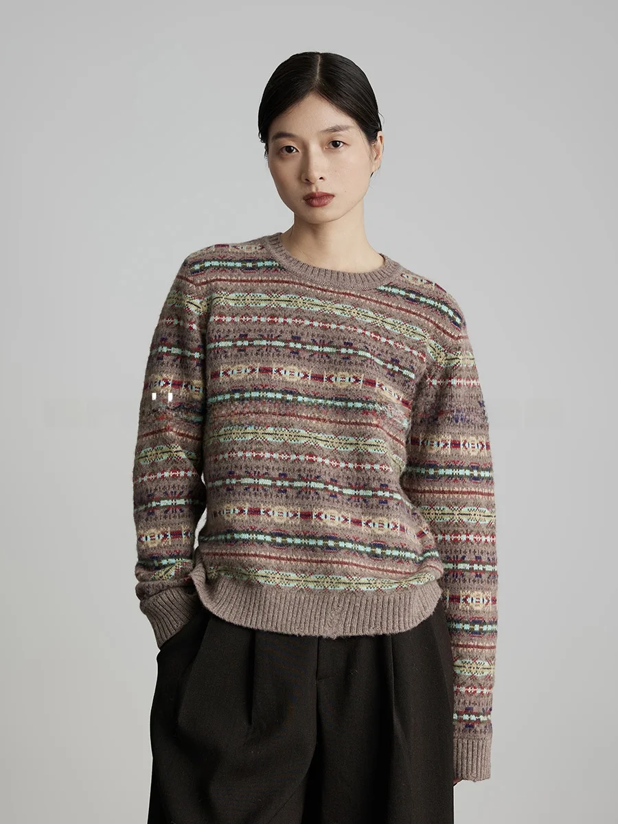 

Весенний женский свитер 2024 с круглым вырезом, цветочным принтом, винтажный, повседневный, комфортный, из шерстяной смеси