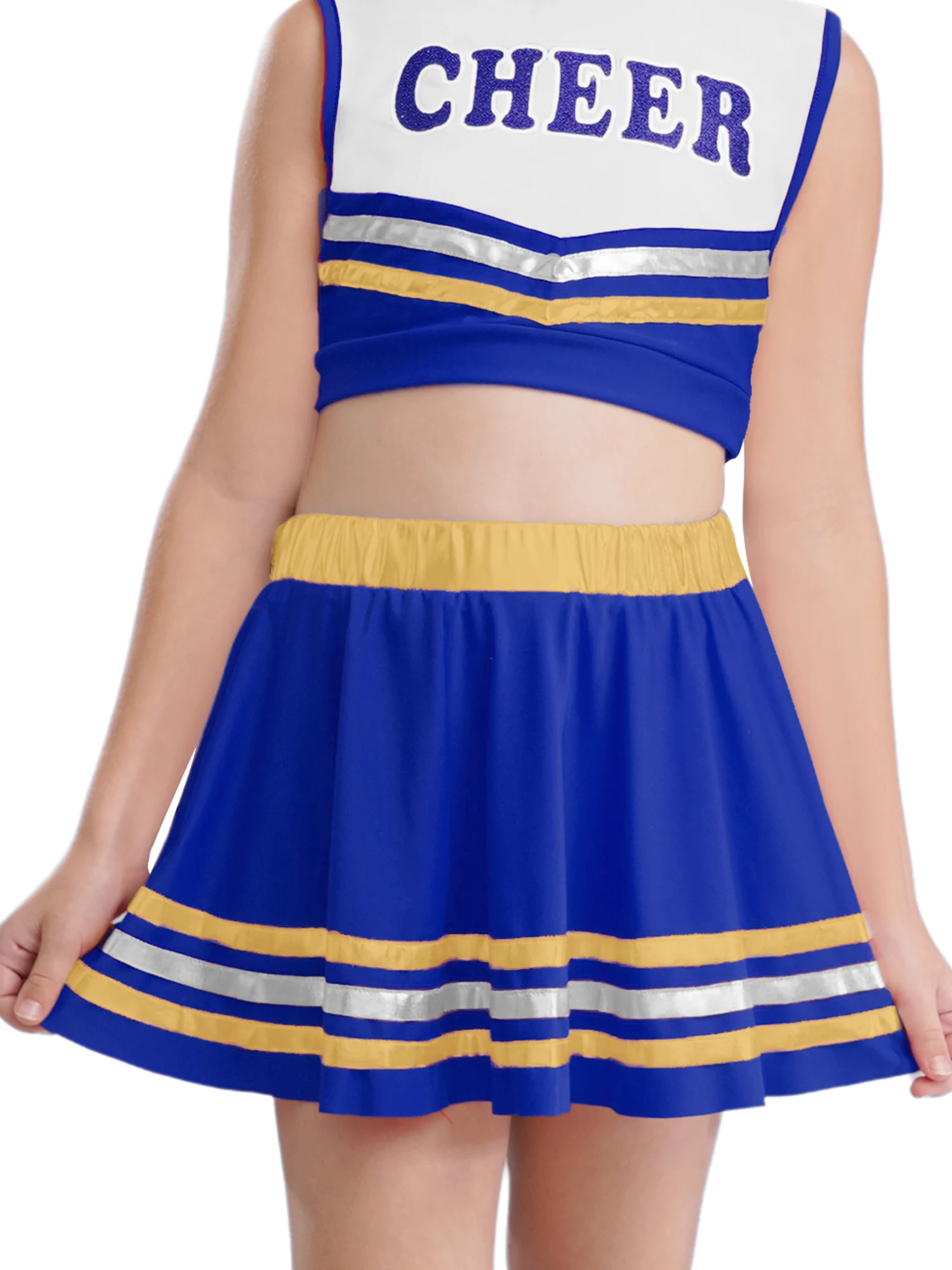 6 قطعة أطفال بنات التشجيع الرقص الزي أكمام خطابات مطبوعة المحاصيل الأعلى + السراويل + تنورة مخططة + أغطية الرأس + كرات زهرة + الجوارب #3