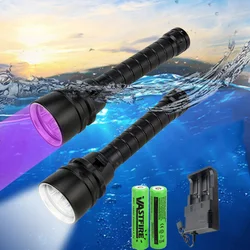 Linterna LED de buceo blanca/395nm UV resistente al agua, potente linterna LED UV de 100M bajo el agua, luz ultravioleta blanca púrpura