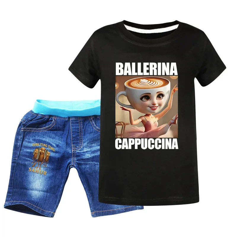 راقصة الباليه كابتشينا ملابس طفل الفتيات الكرتون وتتسابق الأطفال ملابس الصيف الاطفال تونغ الصحور تي شيرت + الدنيم مجموعة تي شيرتات قصيرة للأطفال #4