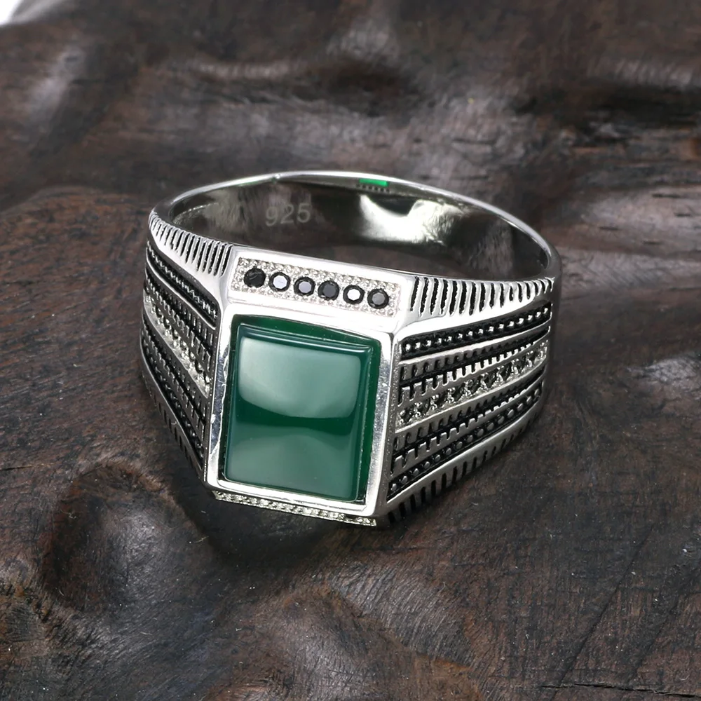 925 Sterling Silver Rings For Men Black Green Red Natural Onyx Stone Square Shape Zirconia Inlaid Turkish Jewelry