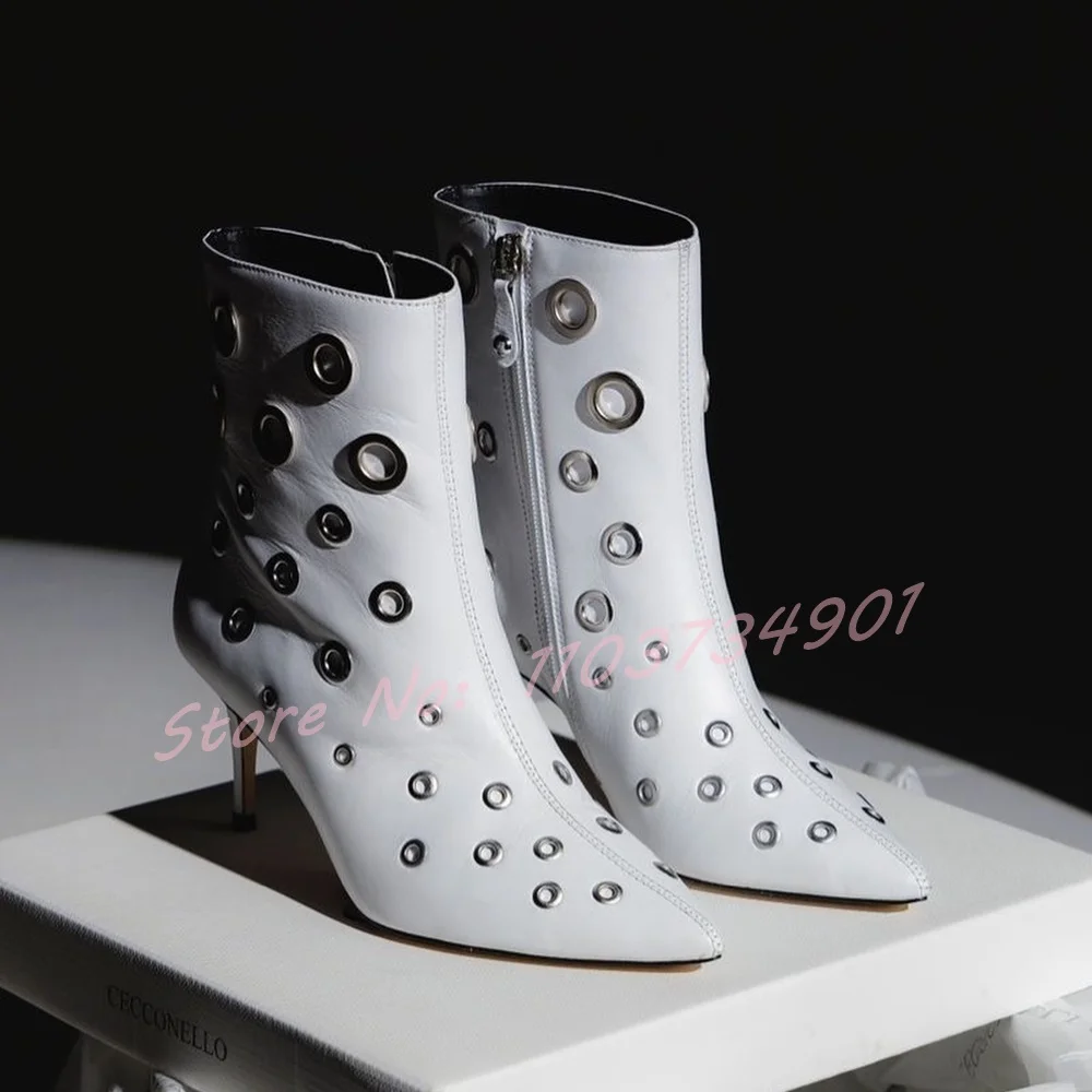 Metal Ring Rivets Ankle Boots Women Fashion Side Zipper Pointed Toe Stiletto Heeled Shoes Ladies Punk Nifty Big Size White Boots