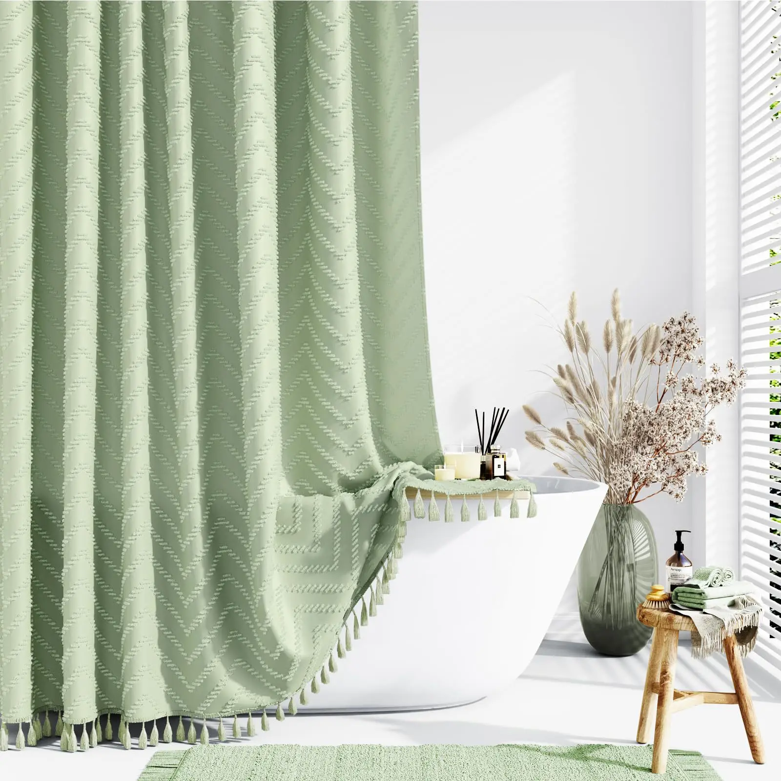 Wave Shaped Flower Bohemian Style Flower Shower Curtain Waterproof and Mildew Proof Bathroom Decoration Woven Ruffles