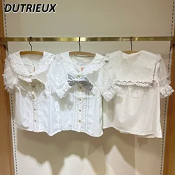 Japanese Autumn Mine Mass-Produced Sweet Girls Blouse Pearl Bow Sailor Collar Lace Chiffon Short Sleeve Shirt for Women