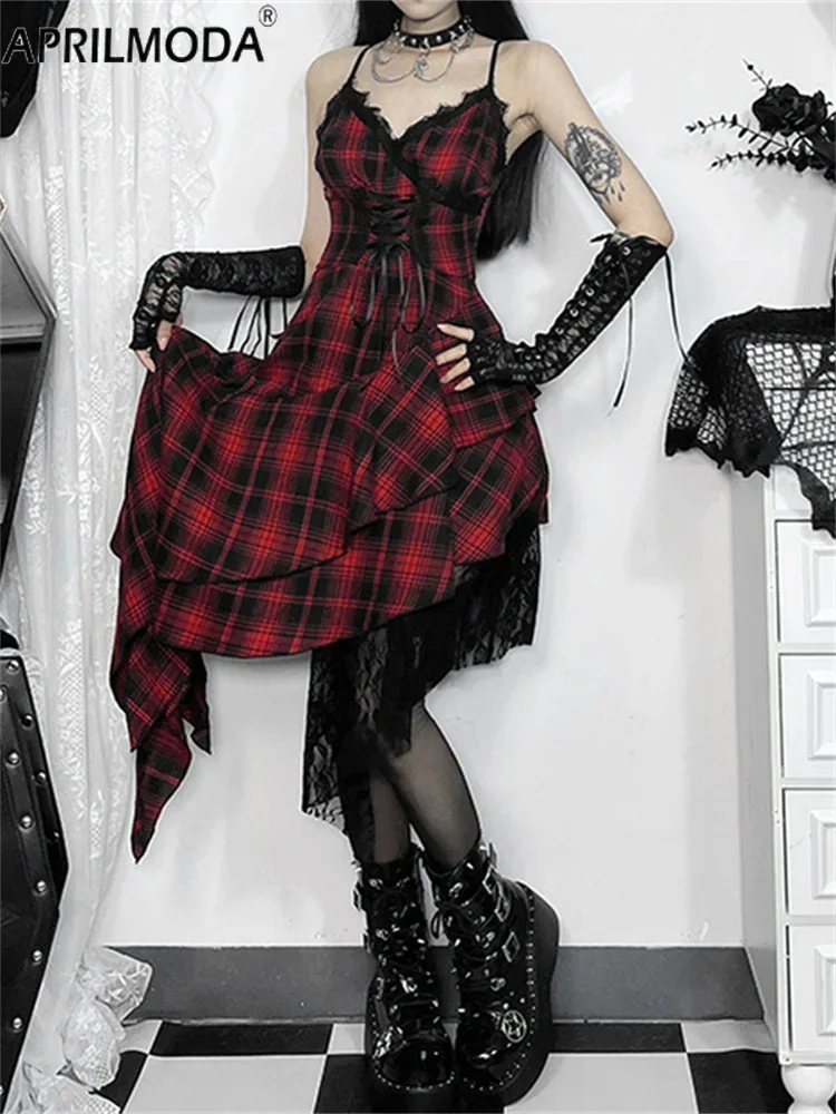 

2025 Spaghetti Straps Patchwork Red Plaid Print Aesthetic Punk Dresses Summer Gothic Cosplay Harajuku Irregular Midi Long Dress
