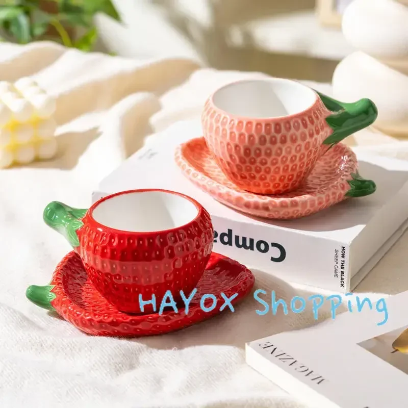 Hand Drawn Strawberry Cups Plate Set, Double-layer Coffee Mugs,Underglaze Colored Ceramic Mug,Afternoon Tea Cup,Couple Water Cup