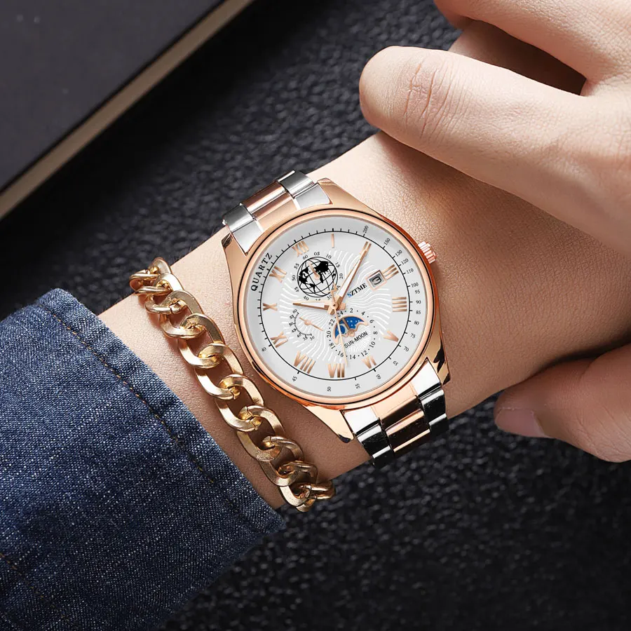 Fashion Luxury Trendy Men's Steel Strap Watch Roman Calendar Star Business Men's Stainless Steel Strap Quartz Watch