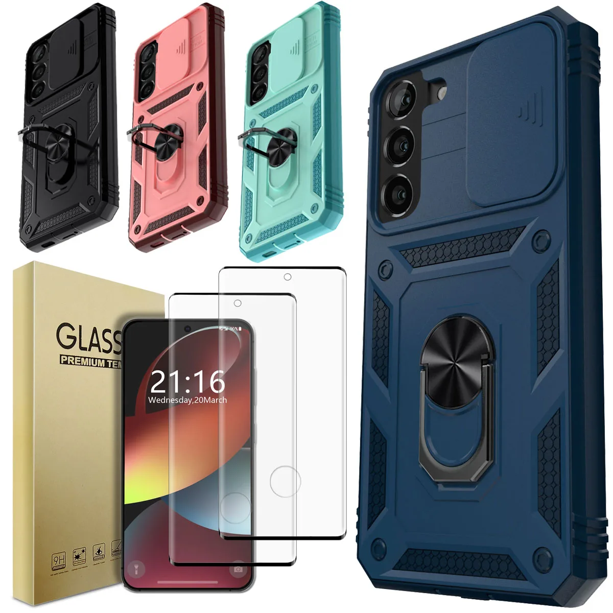 

Для Samsung Galaxy S22/Plus/Ultra противоударный чехол с подставкой и 2 шт. защитные пленки из закаленного стекла, удобный прозрачный чехол