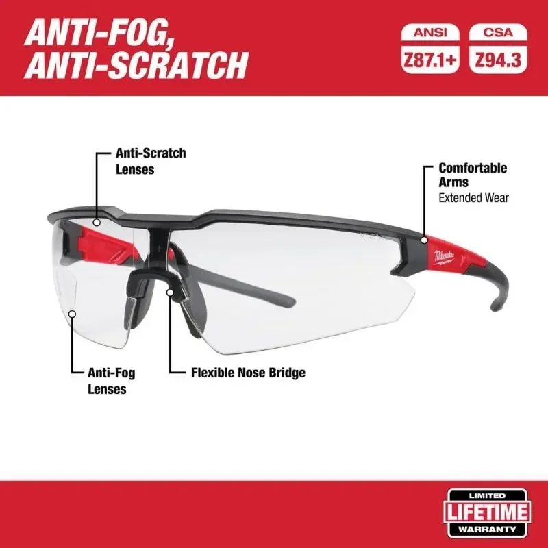 Milwaukee 48-73-2000A Clear Safety Glasses Anti fog Scratch Resistant Lens Portable Safety Glasses Power Tool Accessories