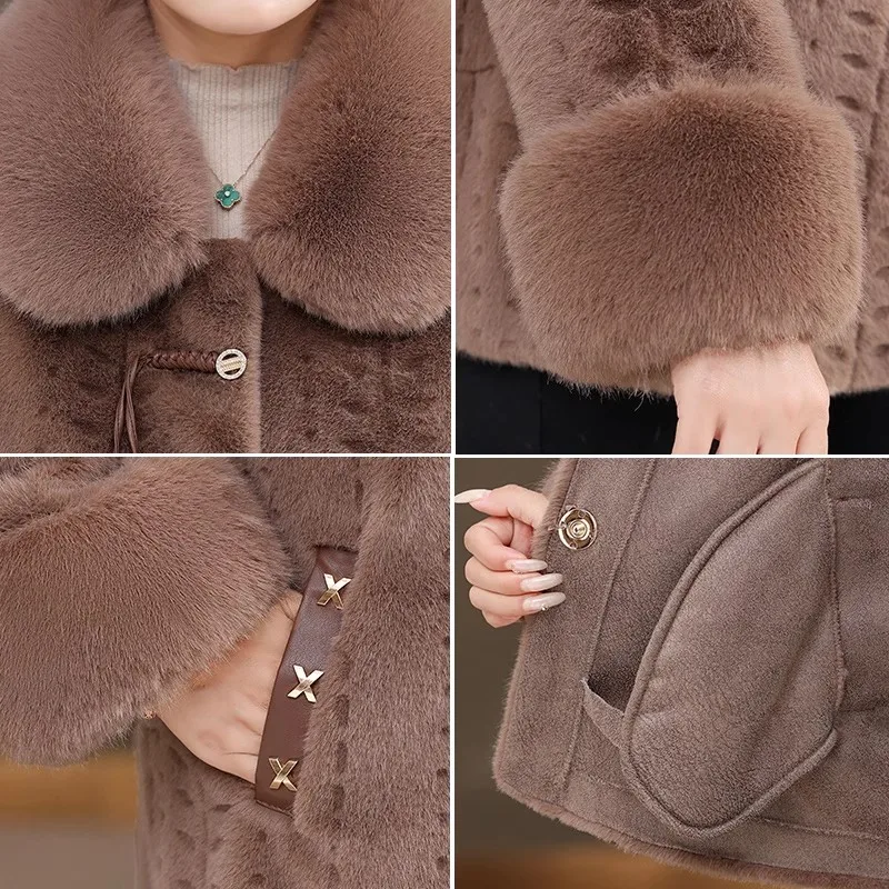 High-quality Mother Winter Fur Jacket Noble Women Mink Coat Middle Aged Female Fox Fur Collar Short Overcoat Mink Velvet Outwear