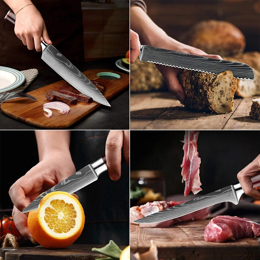 1-10PCS Stainless Steel Kitchen Knife Set Razor Sharp Chef's Knife Japanese Santoku Knife Laser Damascus Pattern Resin Handle
