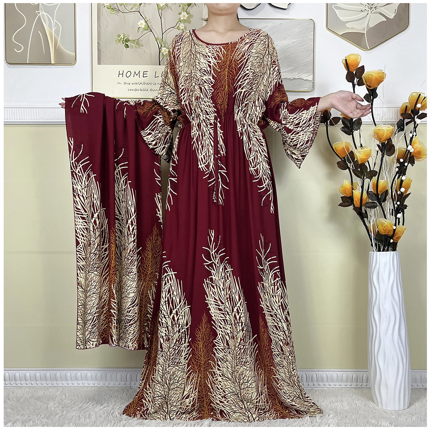 2024 New Dubai Fashion Party Women Long Sleeve Dashiki Soft Cotton Floral Dress Printing Loose Lady Robe African Casual Abaya