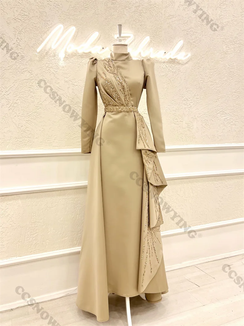 

Champagne Satin Appliques Muslim Evening Dresses Full Sleeve Hijab Islamic Formal Party Gown Women Arabic Kaftan Robes De Soirée