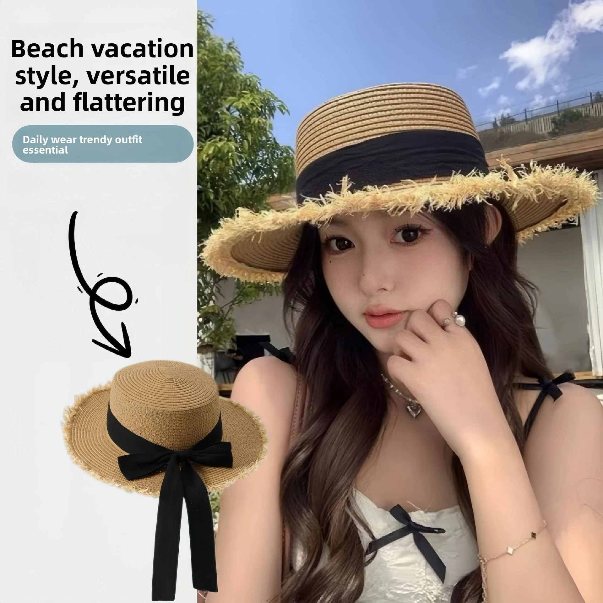 UV Protection Straw Sun Hat Summer Beach Vacation Wide Brim Flat Top French Style Protective Casual Headwear