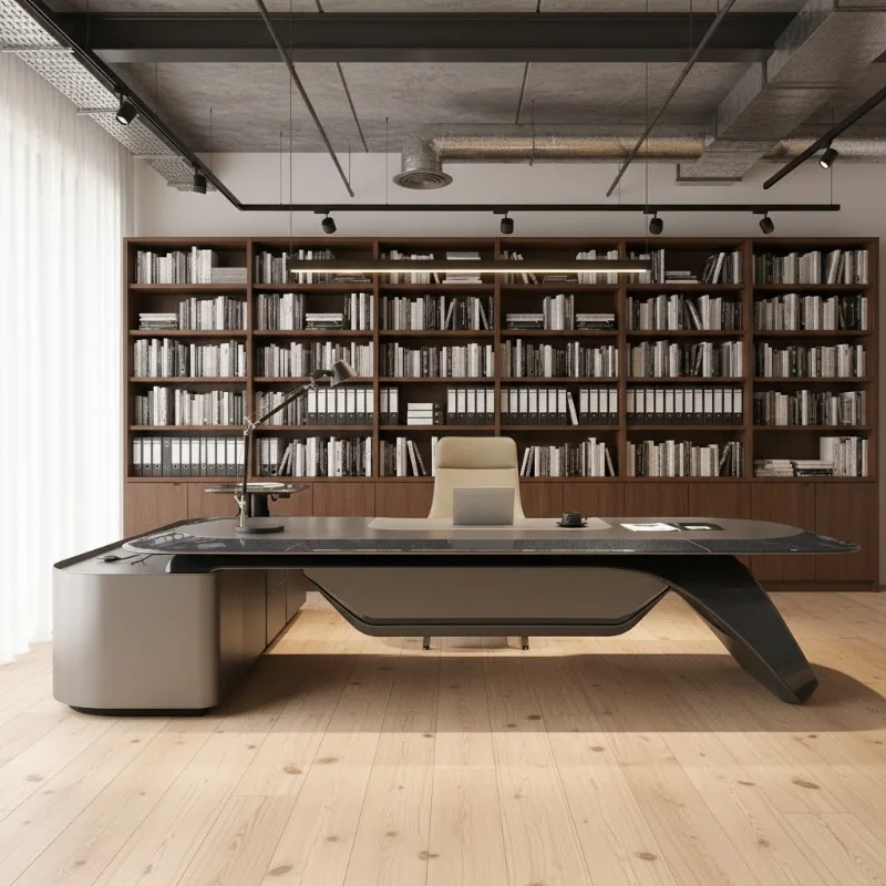 Premium CEO desk with Durable Metal Structure & Smooth Leather Top, Spacious Executive Desk with Side Storage for office desk