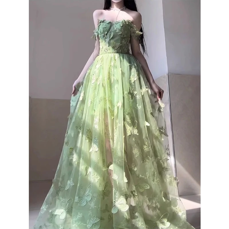 Green Long Luxury Evening Dress Butterfly Embroidery Ball Birthday Dress 2024 New Maxi Party Dresses for Women Wedding Shooting