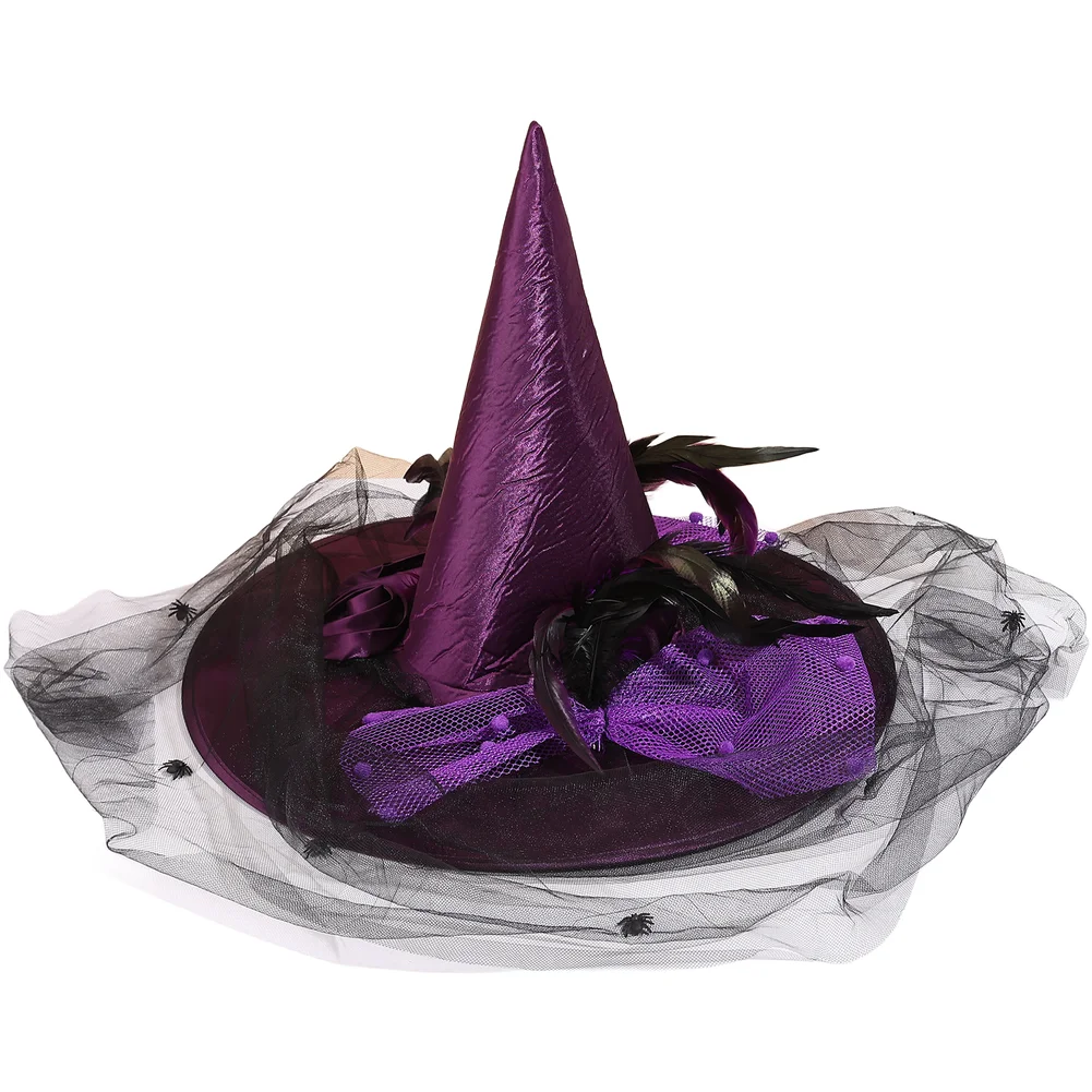 Witch Hat Wide Brim 50cm Feathered Tulle Satin Fabric Red Black Purple White Adjustable Fit Halloween Costume Party Props