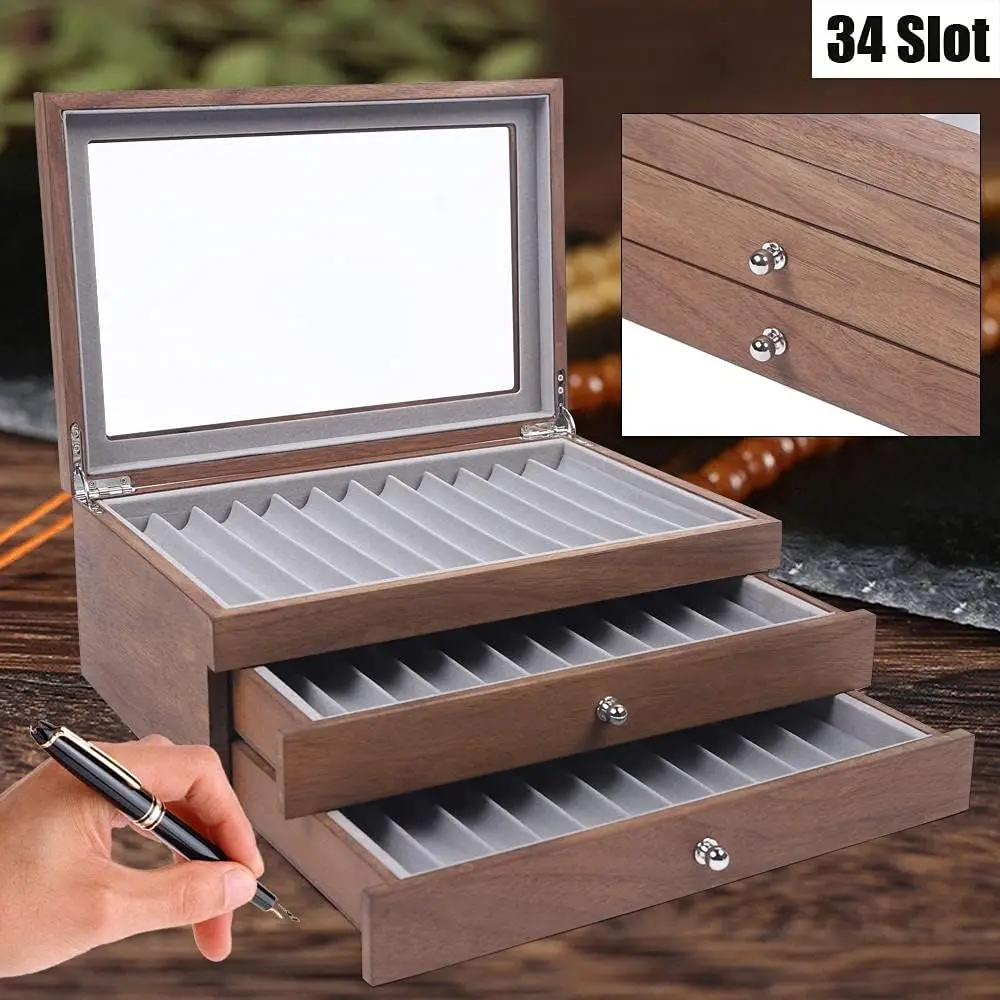 

3-Layer Wood Pen Display Box 34 Pens Organizer Box, Pen Display Case Storage and Fountain Pen Collector Organizer Box (Walnut)