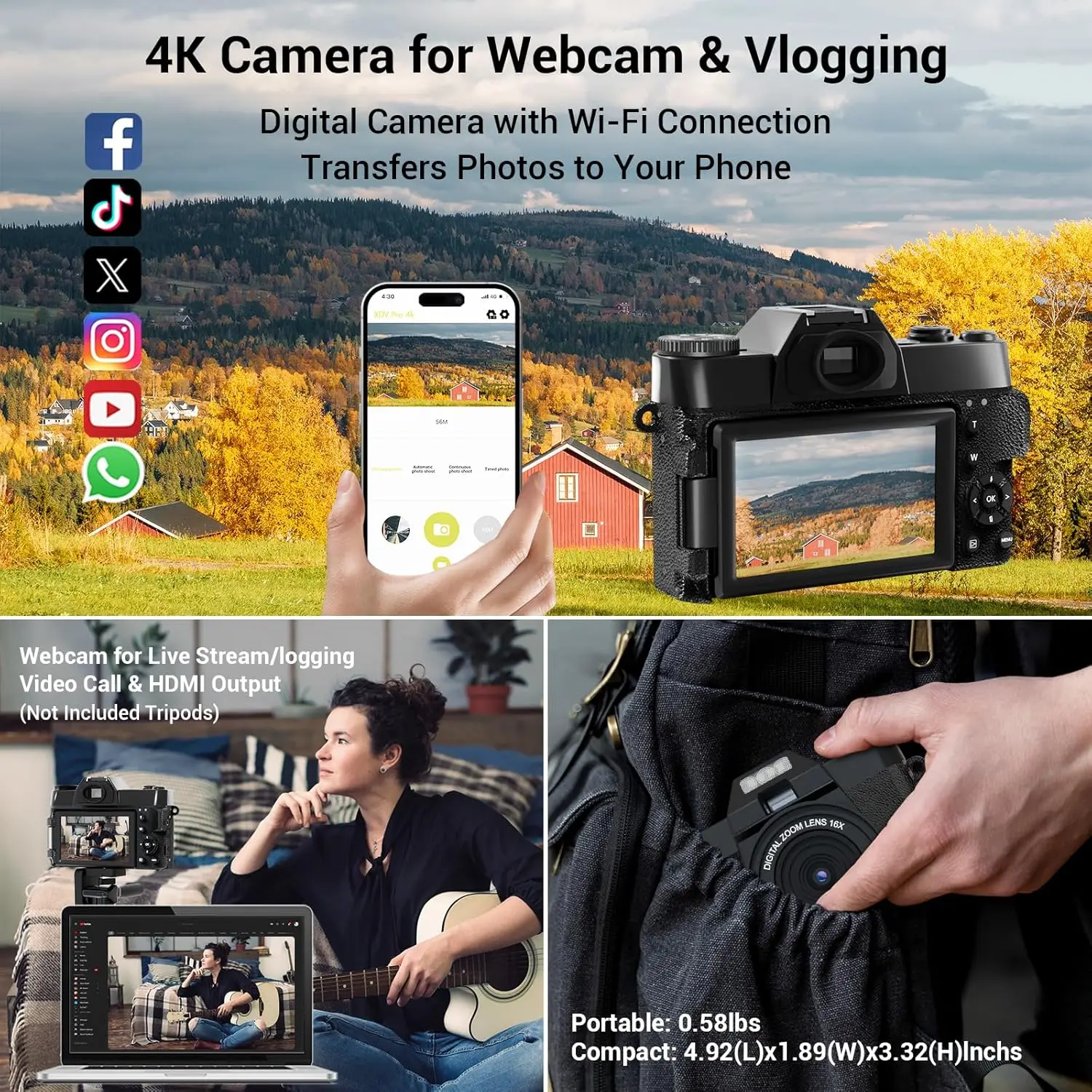 Cámara de fotografía Digital de 48MP, videocámara Web 4K con WIFI, grabadora de vídeo Vlog Vintage, YouTube, Zoom Digital 16X, pantalla abatible de