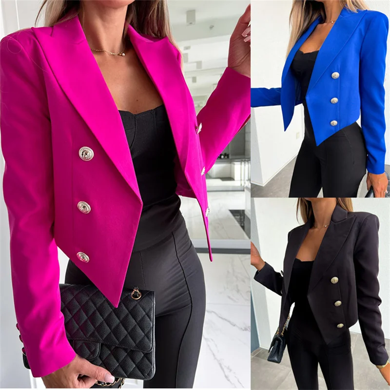 Solid Turn-Down Collar Blazers Women Fashion Slim Blazer Coat Office Lady Button Long Sleeved Casual Streetwear Autumn Winter