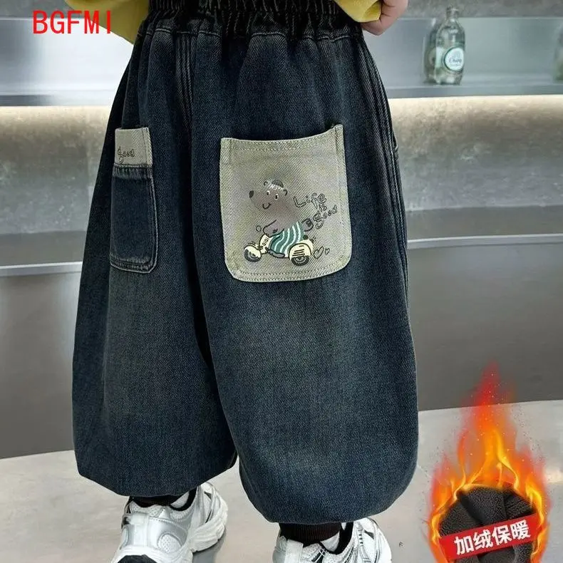 

2-10Y New Loose Children's Thick Jeans with Added Fleece for Children Autumn/Winter Overall Velvet Pants Baby Casual Leg Tights