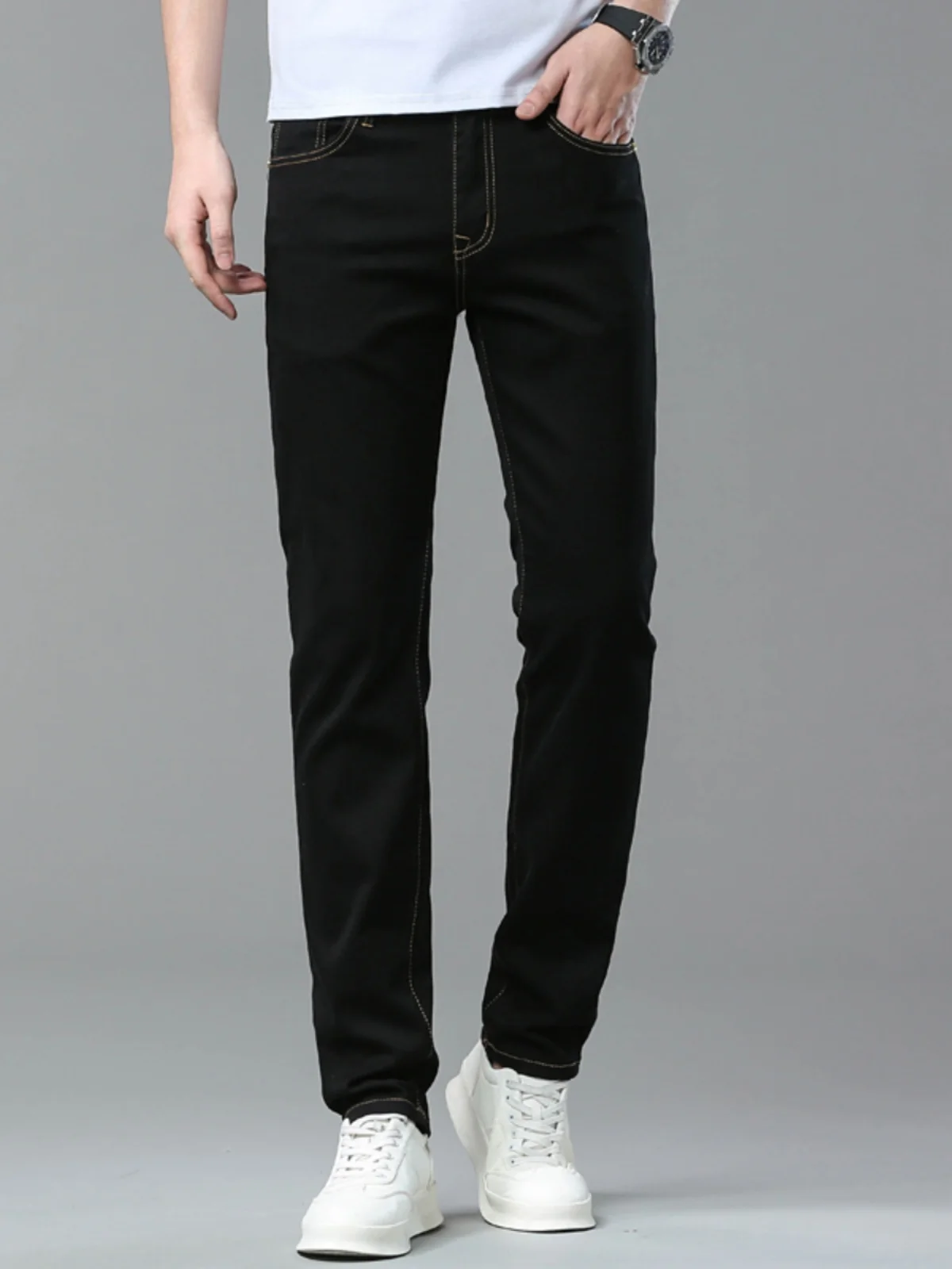 

High-End Men's Slim Fit Bla Jeans Elastic Waist Casual Long Trousers Spring Autumn Faion Trend Cotton Stretch Denim