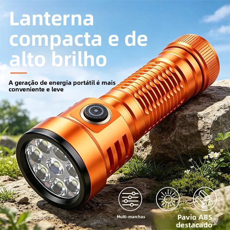 Nova lanterna de alta intensidade com oito LEDs de liga de alumínio, foco fixo de longo alcance para uso externo, recarregável e de longa duração.