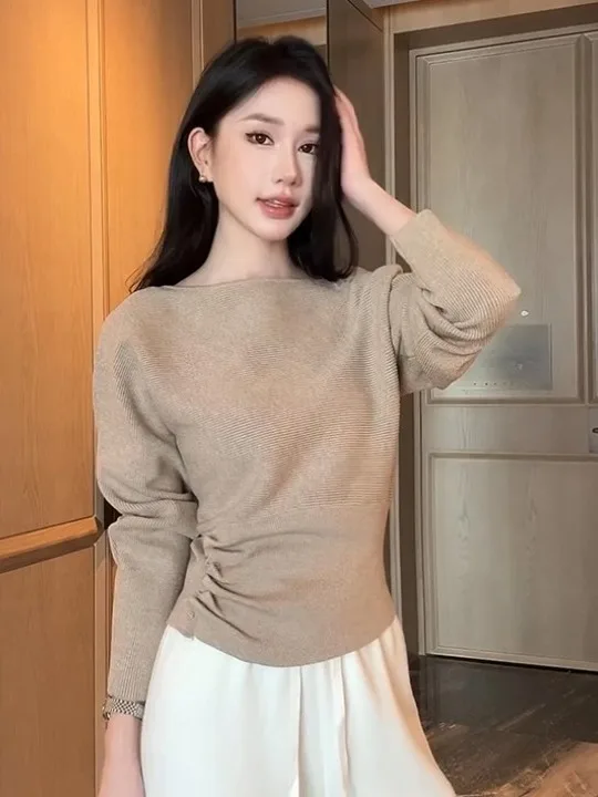 

Korean Style Lazy Style Soft Long Sleeve Knitted Sweater Women's Spring Autumn Button Waist Inward Super Beautiful Shoulder B...