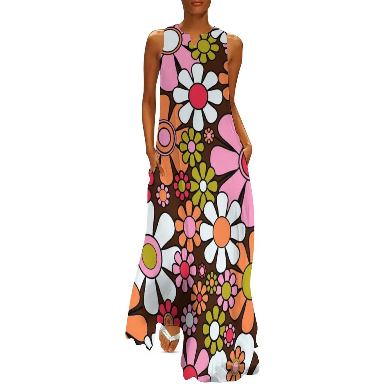 Retro Garden Flowers Groovy 60s 70s Floral Pattern Pink Brown Avocado Orange Black Long Dress Woman fashion women evening dress