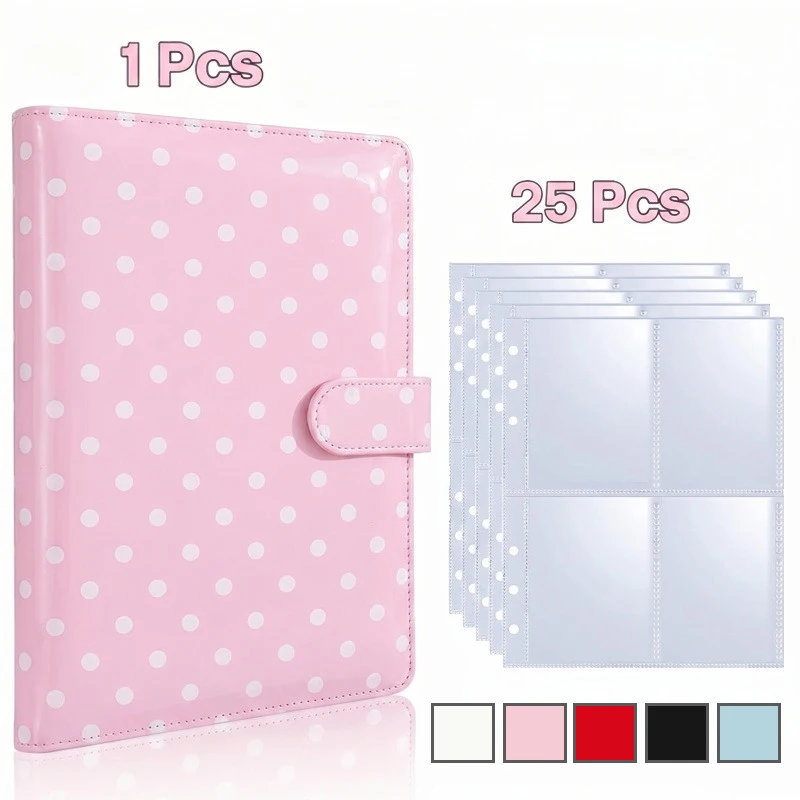 Macaron Color  Polka Dot 100-Grid Card Binder - 25 Pcs 4-Grid Sleeves, A5 PU Leather Card Collection Album
