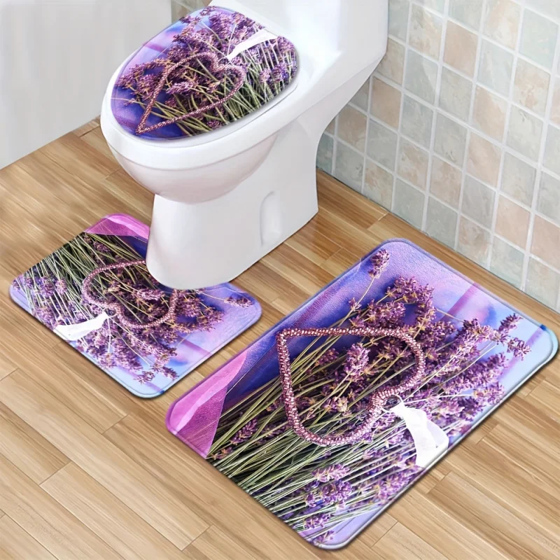 Lavender Heart Decorative Bathroom Set: Includes Toilet Seat Cover, Rug, And Coaster - Machine Washable, Non-Slip, And Made of P