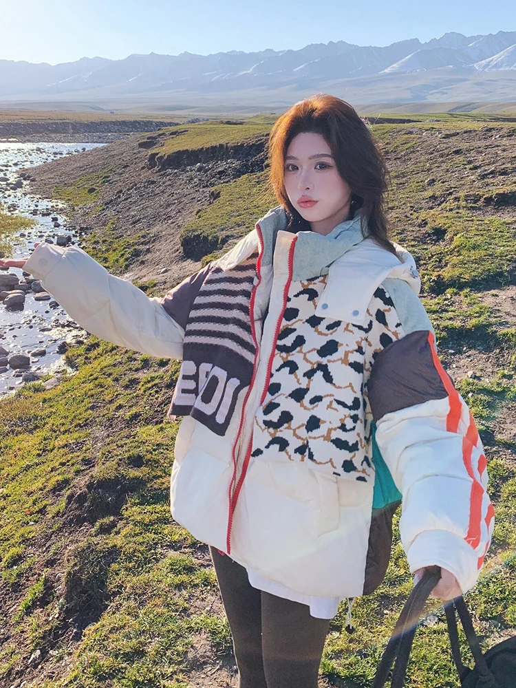 Winter Color Blocking Splicing Hooded Down Jacket Female Warm Thick Cold Proof Jacket Women White Duck Down Loose Parker Outwear