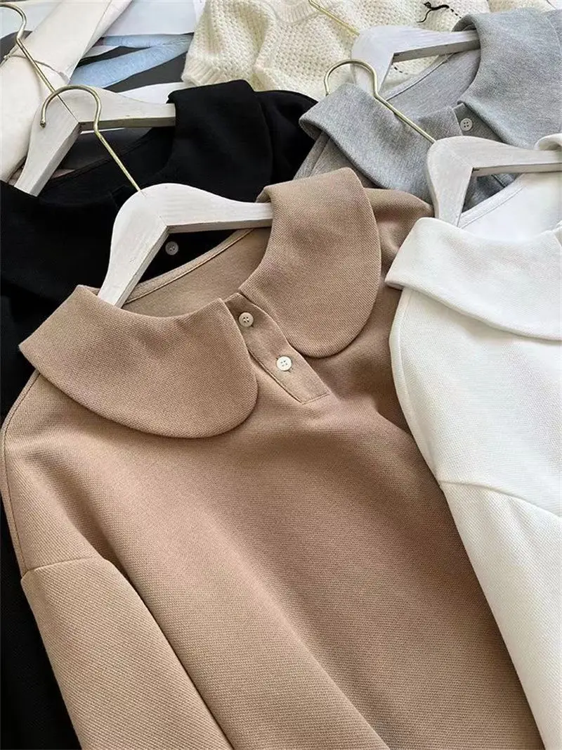 Yasuk Summer Casual Ruffle Neck  T-Shirt Female Pullover Women Blouse Simple School Student Loose Soft Long Sleeve