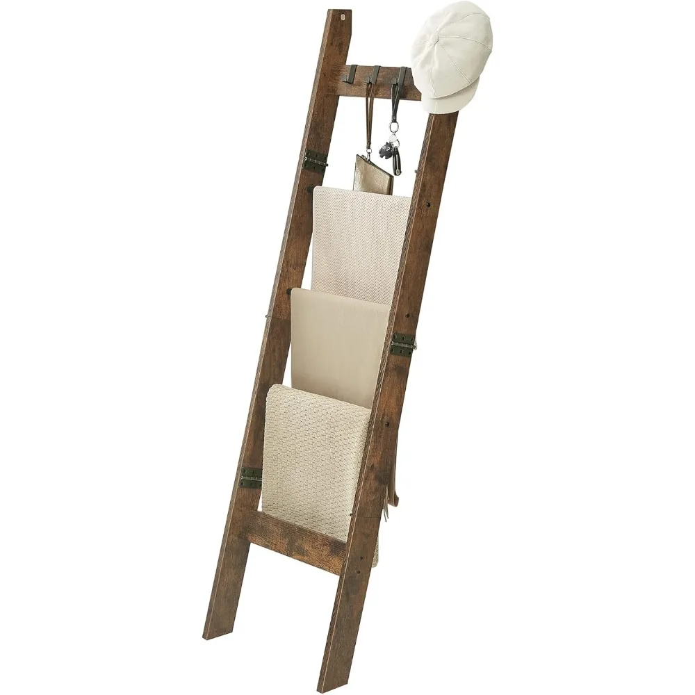 

blanket ladder for living room, decorative quilt rack with 4 removable hooks, 5-tier farmhouse ladder holder shelf organizer for