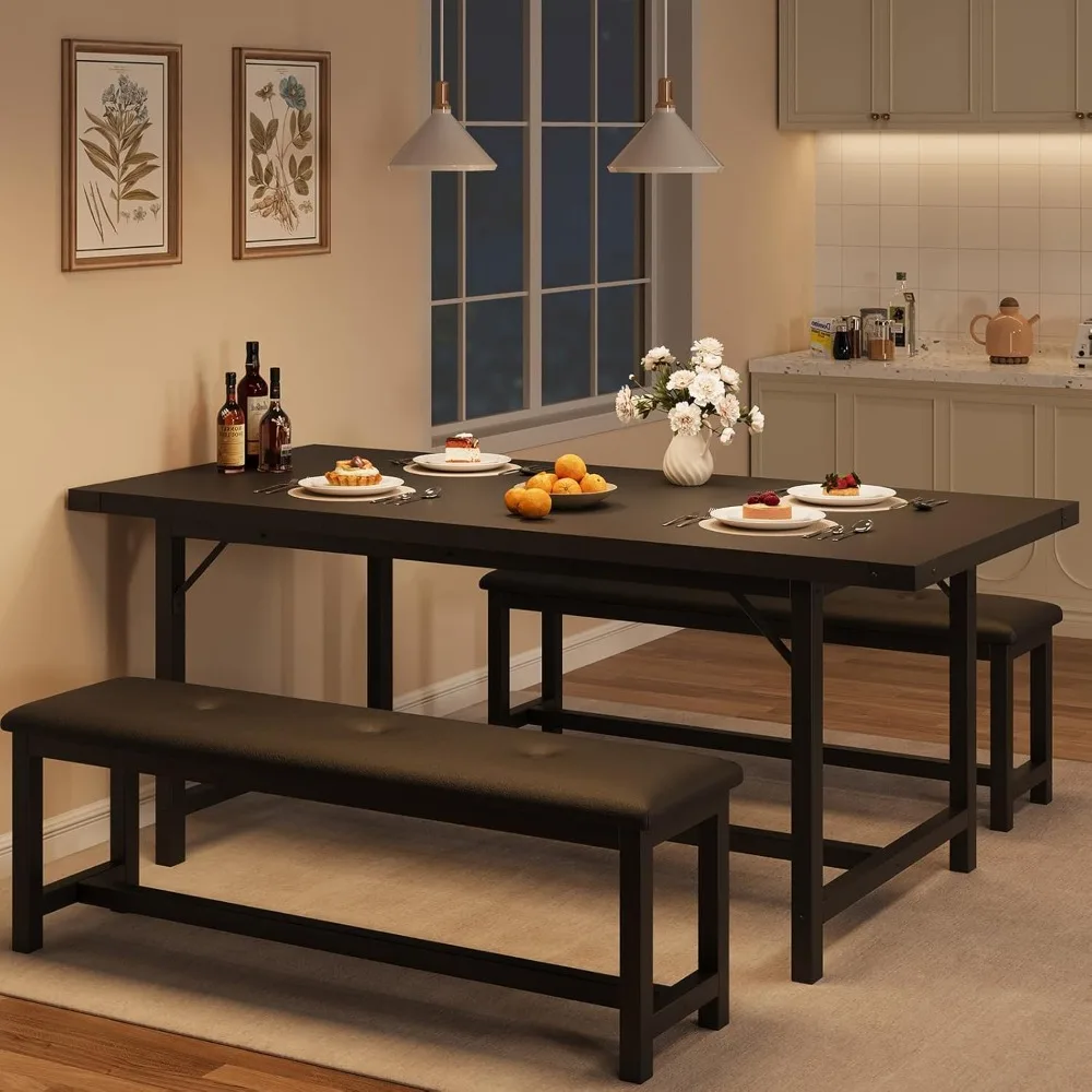 

Dining Table Set for 4-6, Extendable Kitchen Table Set with 2 Upholstered Bench for 6,Rectangle Small Extendable Metal Frame Ki
