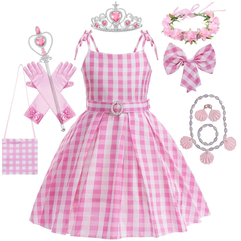 Girls live action Barbi cosplay dress children pink jumpsuit princess costume kids birthday party outfits fantasy elegant gown