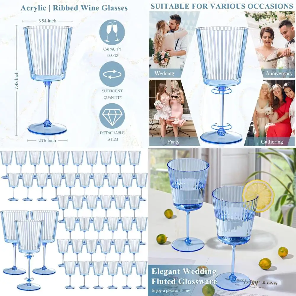 

Set of 48 Blue Ribbed Plastic Wine Glasses - 13.5 Oz Elegant Fluted Glassware for Special Events